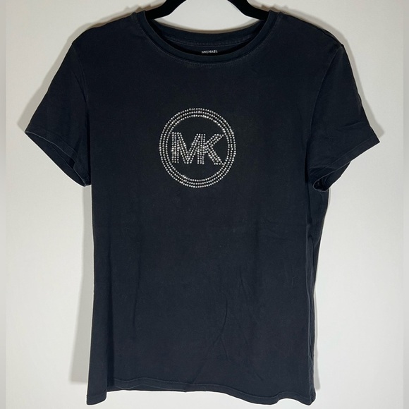Vintage Y2K Michael Kors MK logo sequins sz L black tshirt punk glam stretch - Picture 1 of 9